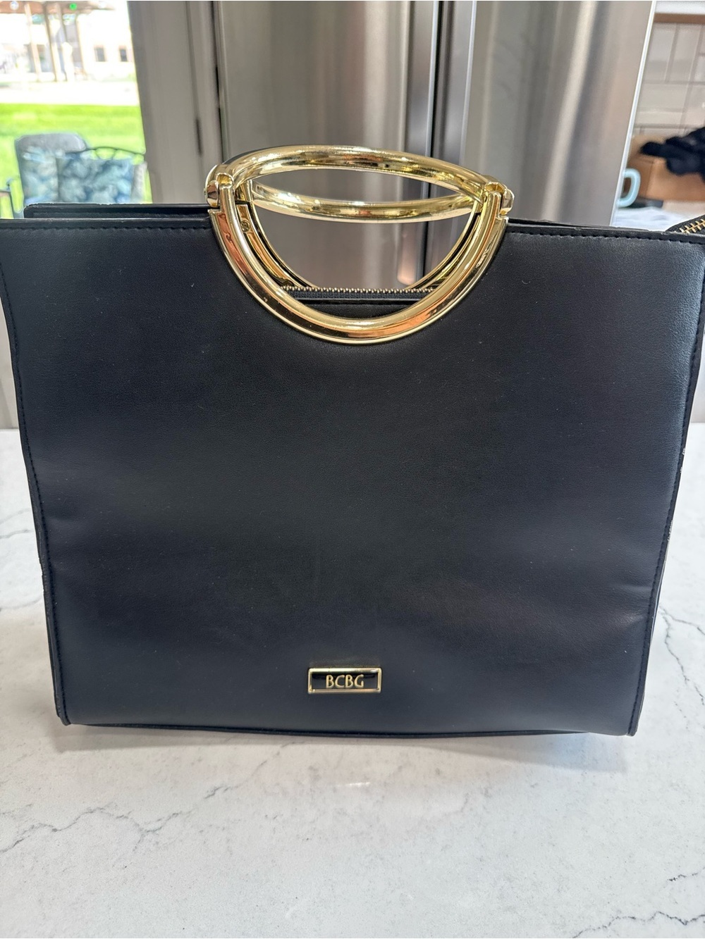 BCBG Black Satchel Top Handle Bag Zip Closure Gold Tone Metal Handles